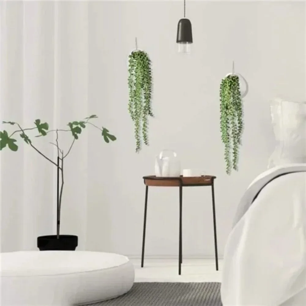 2 Artificial Succulents Hanging Plants Fake String of Pearls in White Ceramic
